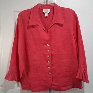 Talbots Petites 100% Iresh Linen Coral-Red  Button Front Top Sleeves Size 16